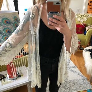 Cream lace kimono with fringe